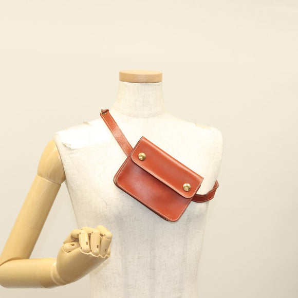 HERMES Pochette Green Waist bag Leather Brown Gold Auth 133470