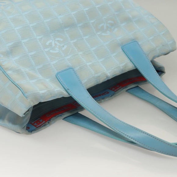 CHANEL New Travel line Tote Bag Nylon Light Blue Silver CC Auth 133486