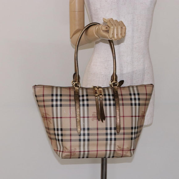BURBERRY Nova Check Tote Bag PVC Beige Gold Auth 133565