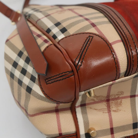 BURBERRY Nova Check Blue Label Tote Bag PVC Suede Beige Brown gold Auth 133568