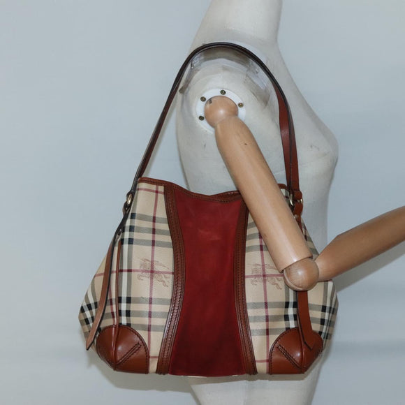 BURBERRY Nova Check Blue Label Tote Bag PVC Suede Beige Brown gold Auth 133568