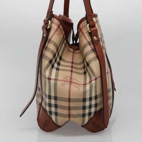 BURBERRY Nova Check Blue Label Tote Bag PVC Suede Beige Brown gold Auth 133568