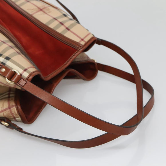 BURBERRY Nova Check Blue Label Tote Bag PVC Suede Beige Brown gold Auth 133568