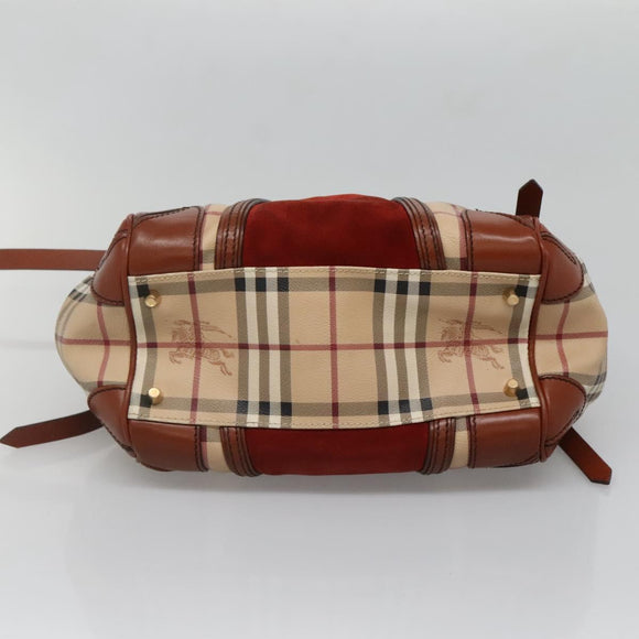 BURBERRY Nova Check Blue Label Tote Bag PVC Suede Beige Brown gold Auth 133568