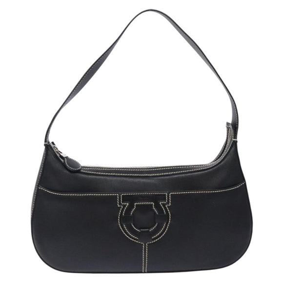 Salvatore Ferragamo Gancini Shoulder Bag Leather Black Silver Auth 133590