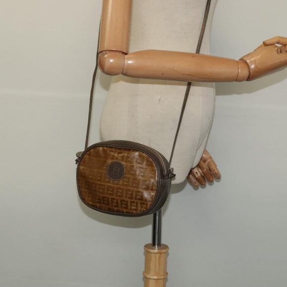 FENDI Zucchino Canvas Shoulder Bag PVC Dark Brown Auth 133608