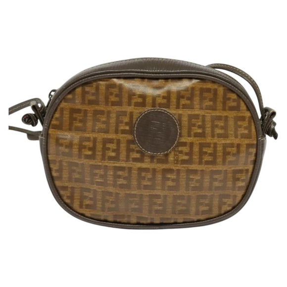 FENDI Zucchino Canvas Shoulder Bag PVC Dark Brown Auth 133608