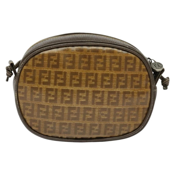 FENDI Zucchino Canvas Shoulder Bag PVC Dark Brown Auth 133608