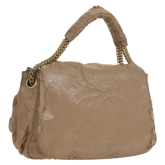 CHANEL Chain Shoulder Bag Vinyl Coated Leather Beige Gold CC Auth 133615