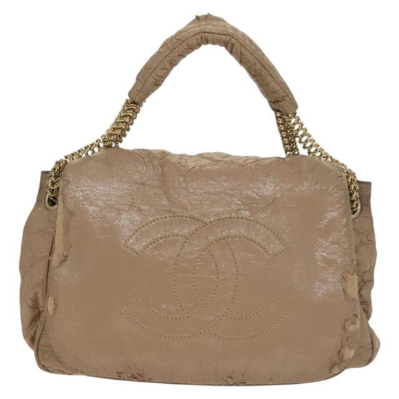 CHANEL Chain Shoulder Bag Vinyl Coated Leather Beige Gold CC Auth 133615