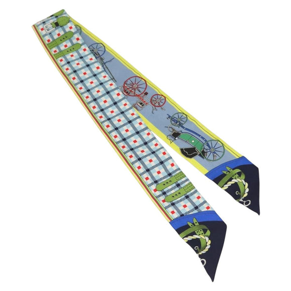 HERMES Twilly Scarf ""Les Voitures Nouvelles"" Silk Blue Auth 133637