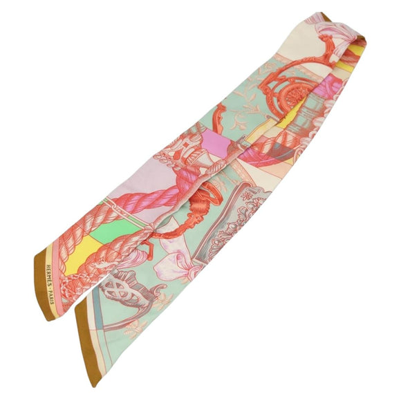 HERMES Twilly Scarf ""Cavalleria d Etriers"" Silk Pink Auth 133638
