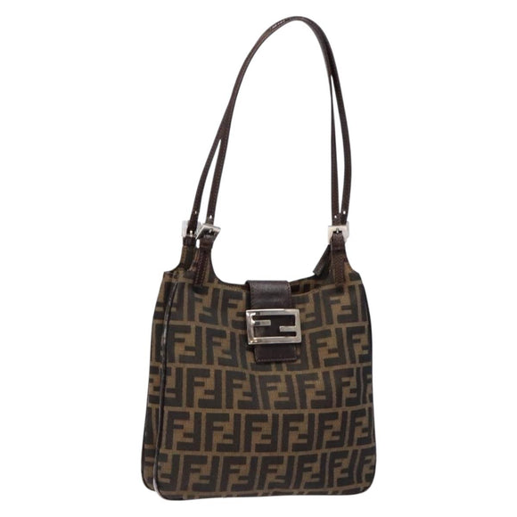 FENDI Zucca Canvas Shoulder Bag Black Brown Silver Auth 133732