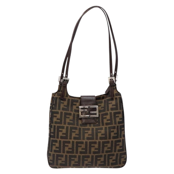 FENDI Zucca Canvas Shoulder Bag Black Brown Silver Auth 133732