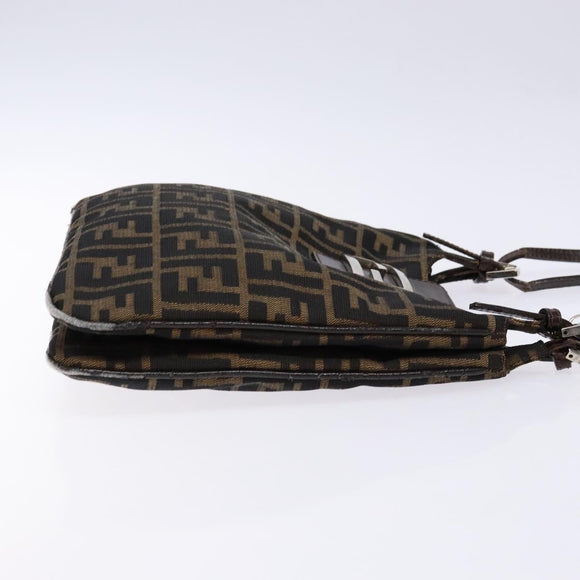 FENDI Zucca Canvas Shoulder Bag Black Brown Silver Auth 133732
