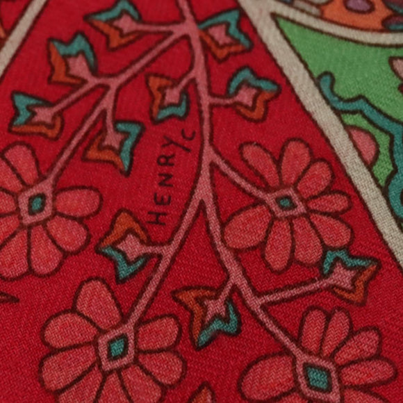 HERMES Carre 140 Scarf ""des Oiseaux Fleurs"" Cashmere Red Auth 133742