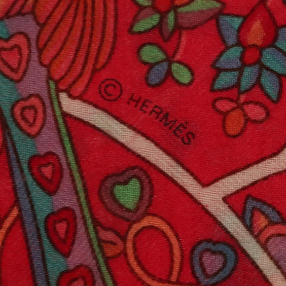 HERMES Carre 140 Scarf ""des Oiseaux Fleurs"" Cashmere Red Auth 133742