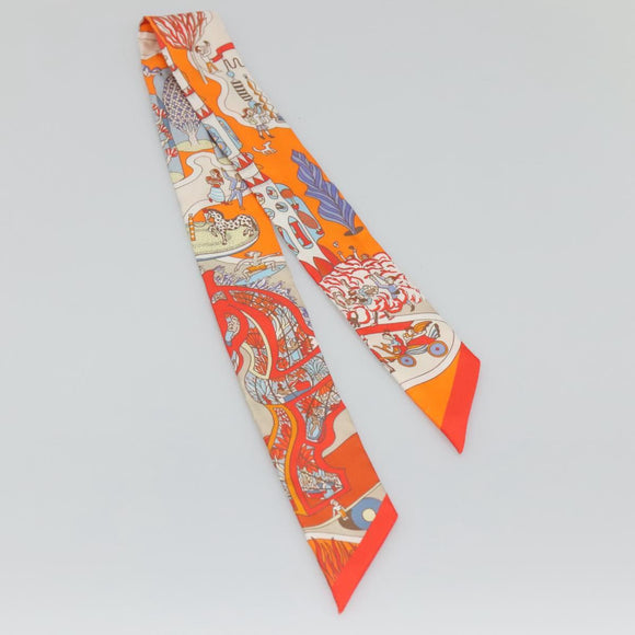 HERMES Twilly Scarf ""World's Fair"" Silk Orange Auth 133743