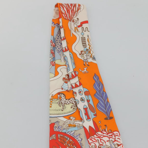 HERMES Twilly Scarf ""World's Fair"" Silk Orange Auth 133743