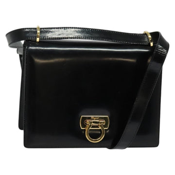 Salvatore Ferragamo Gancini Shoulder Bag Enamel Black Silver Auth 133751