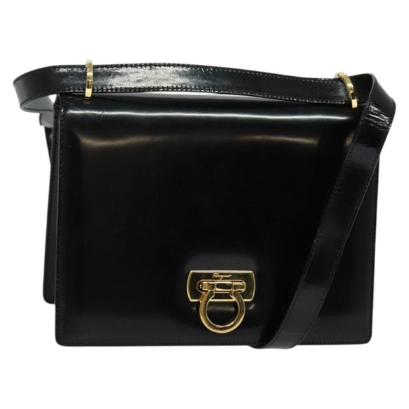 Salvatore Ferragamo Gancini Shoulder Bag Enamel Black Silver Auth 133751