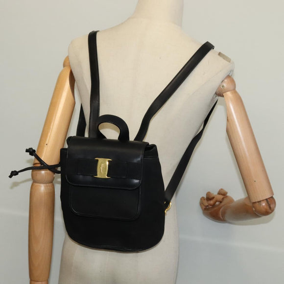 Salvatore Ferragamo Vala Vala Backpack Suede Black Gold Auth 133755