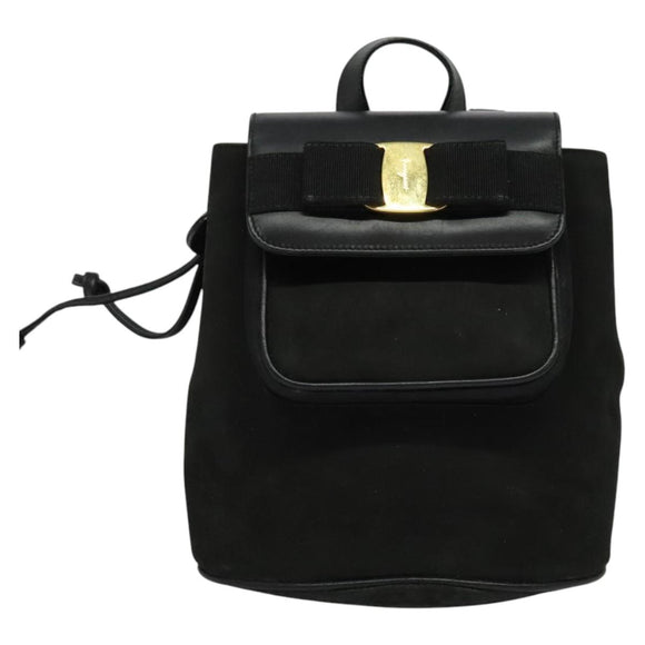 Salvatore Ferragamo Vala Vala Backpack Suede Black Gold Auth 133755