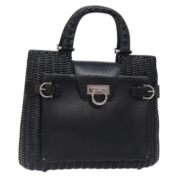Salvatore Ferragamo Gancini Hand Bag Leather Wicker Black Silver Auth 133756