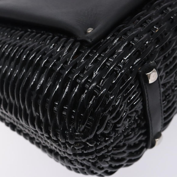 Salvatore Ferragamo Gancini Hand Bag Leather Wicker Black Silver Auth 133756