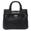 Salvatore Ferragamo Gancini Hand Bag Leather Wicker Black Silver Auth 133756-13