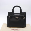 Salvatore Ferragamo Gancini Hand Bag Leather Wicker Black Silver Auth 133756-12