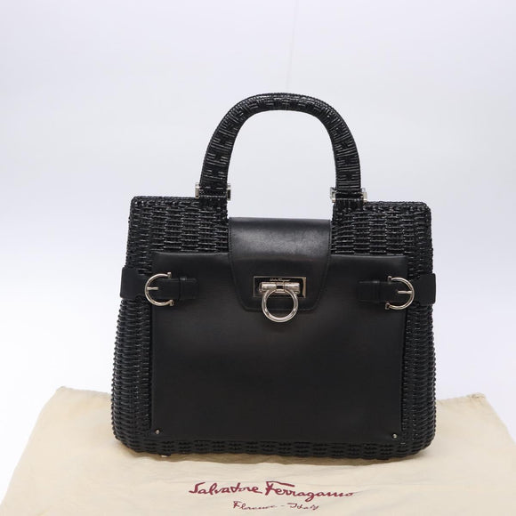 Salvatore Ferragamo Gancini Hand Bag Leather Wicker Black Silver Auth 133756