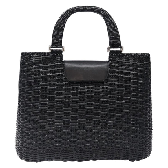 Salvatore Ferragamo Gancini Hand Bag Leather Wicker Black Silver Auth 133756