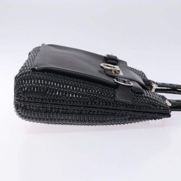 Salvatore Ferragamo Gancini Hand Bag Leather Wicker Black Silver Auth 133756