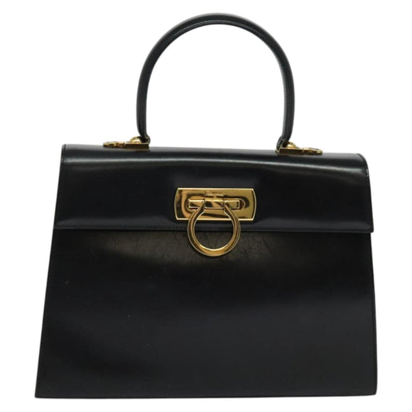 Salvatore Ferragamo Gancini Hand Bag Leather 2way Black Gold Auth 133757