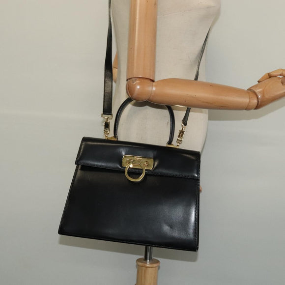 Salvatore Ferragamo Gancini Hand Bag Leather 2way Black Gold Auth 133757