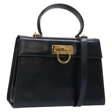 Salvatore Ferragamo Gancini Hand Bag Leather 2way Navy Gold Auth 133776