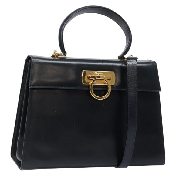 Salvatore Ferragamo Gancini Hand Bag Leather 2way Navy Gold Auth 133776