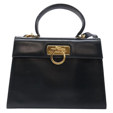 Salvatore Ferragamo Gancini Hand Bag Leather 2way Navy Gold Auth 133776 - 0
