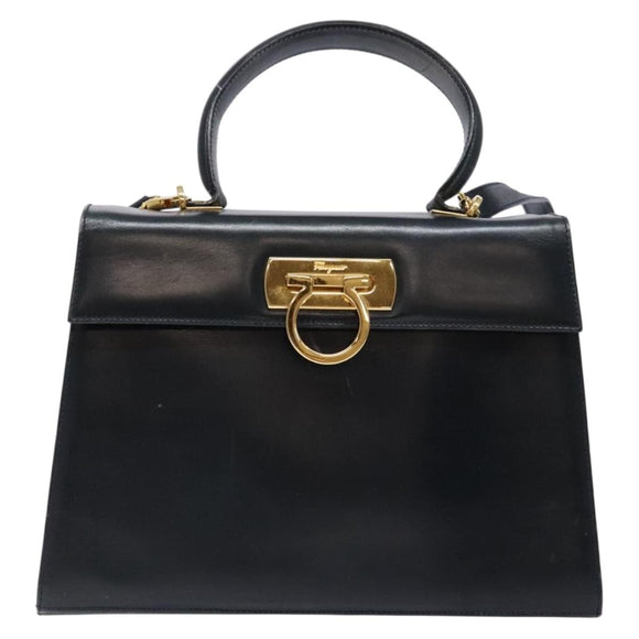 Salvatore Ferragamo Gancini Hand Bag Leather 2way Navy Gold Auth 133776