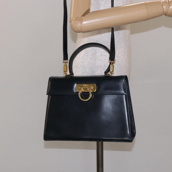 Salvatore Ferragamo Gancini Hand Bag Leather 2way Navy Gold Auth 133776