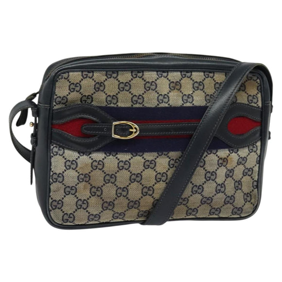 GUCCI GG Canvas Sherry Line Shoulder Bag Vintage Navy Gold Auth 133847