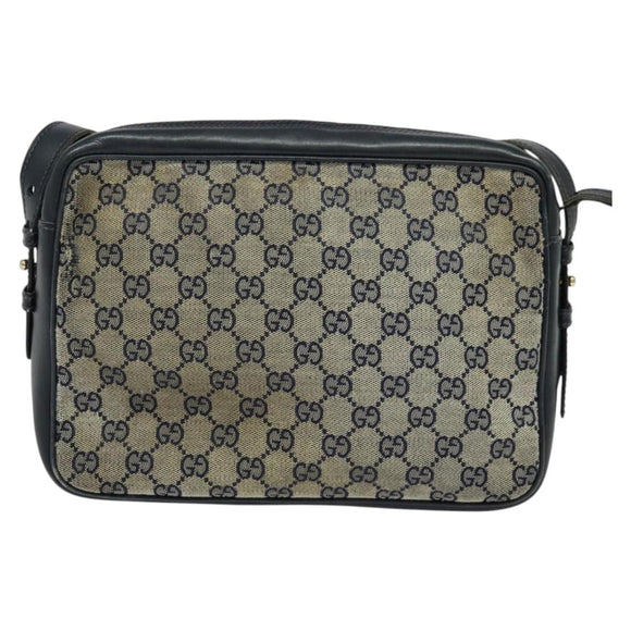 GUCCI GG Canvas Sherry Line Shoulder Bag Vintage Navy Gold Auth 133847