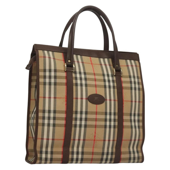 Burberrys Nova Check Hand Bag Canvas Beige Gold Auth 133911