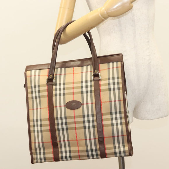 Burberrys Nova Check Hand Bag Canvas Beige Gold Auth 133911