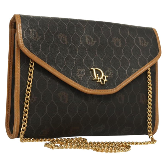 Christian Dior Honeycomb Canvas Chain Shoulder Bag PVC Black Gold Auth 133914