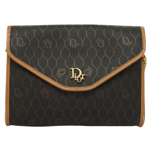 Christian Dior Honeycomb Canvas Chain Shoulder Bag PVC Black Gold Auth 133914