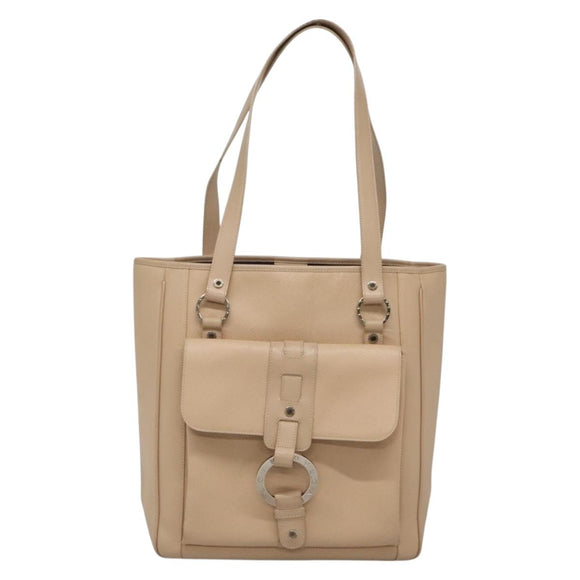 BVLGARI Tote Bag Leather Beige Silver Auth 133970