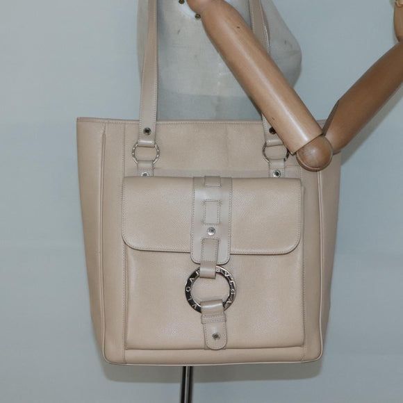 BVLGARI Tote Bag Leather Beige Silver Auth 133970