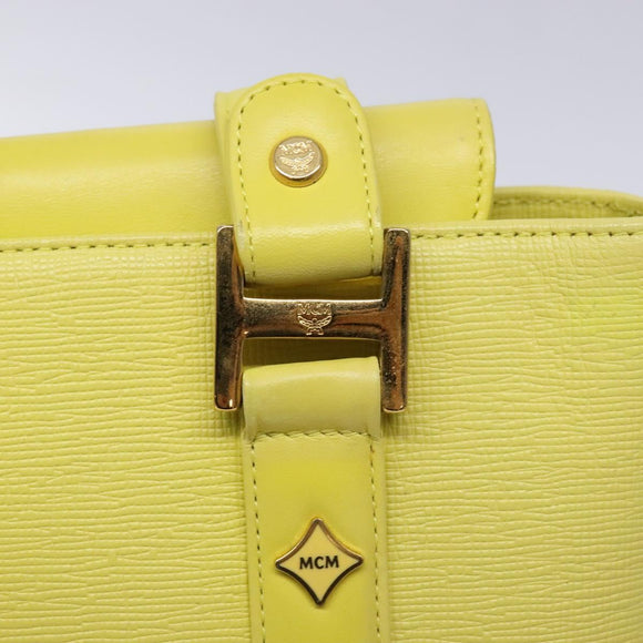 MCM Studs Tote Bag Leather Gold Lime yellow Auth 133982
